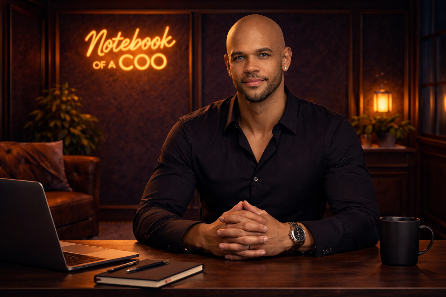 JT, Founder of Notebook of a COO, seated at desk in the Notebook of a COO studio