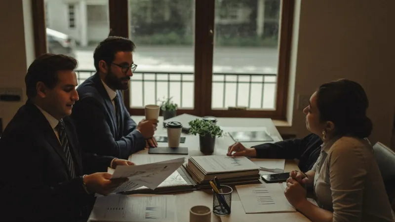 Two advisors reviewing a business's documents with the owner across a table, a Notebook of a COO operations audit