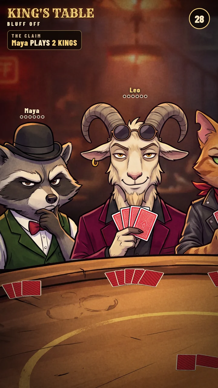 The Bluff Off LIVE screen: a smoky bar with cartoon characters at the table, the table card at the top and the claim, Maya plays 2 Kings, with the cards face down on the table