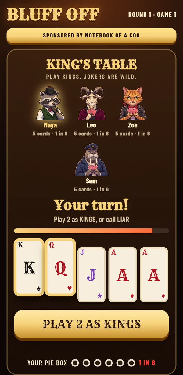 A player's phone on their turn: the players at the table, their five cards with two picked, and the Play 2 as Kings button