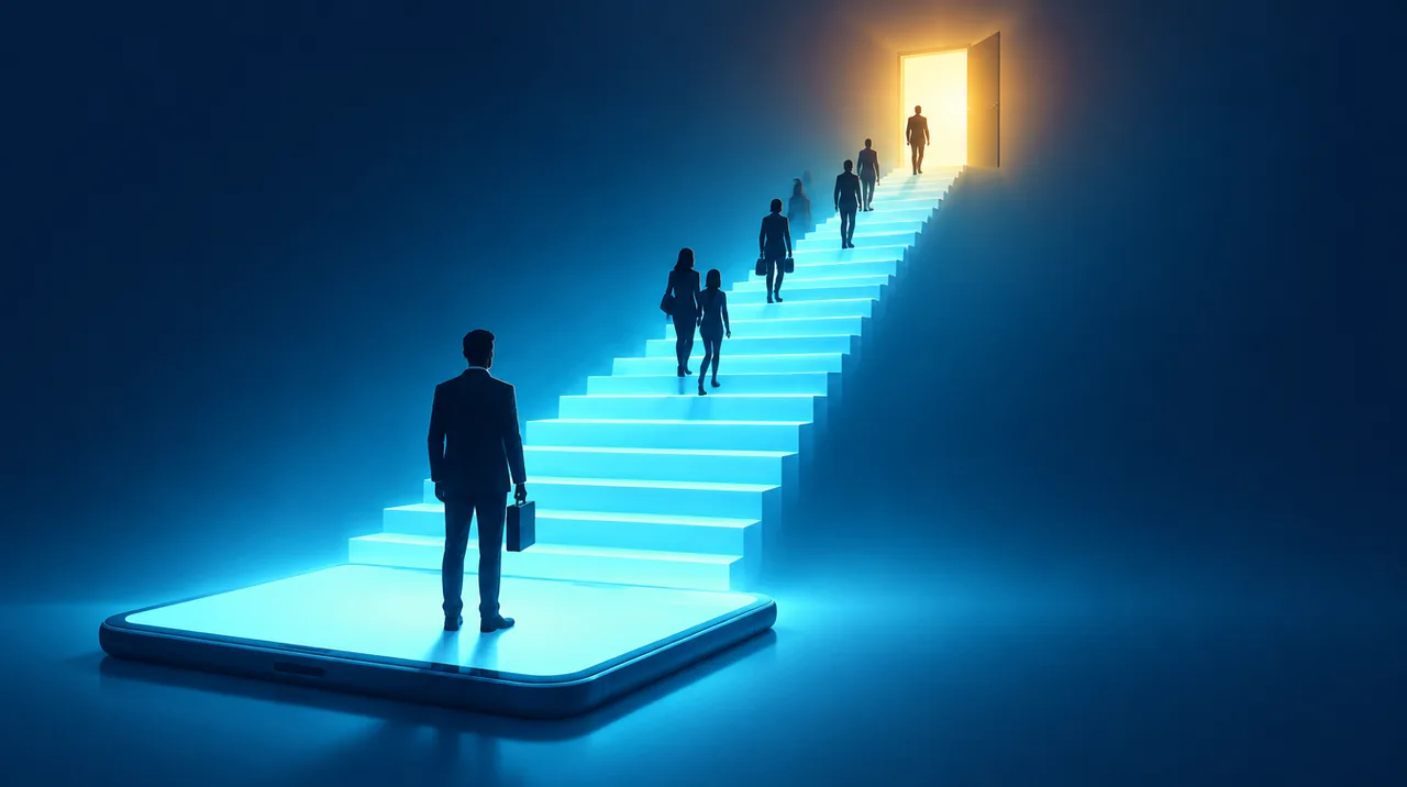 Creator Business Basics: a creator with a briefcase at the foot of a glowing staircase that rises from a phone toward an open, lit door