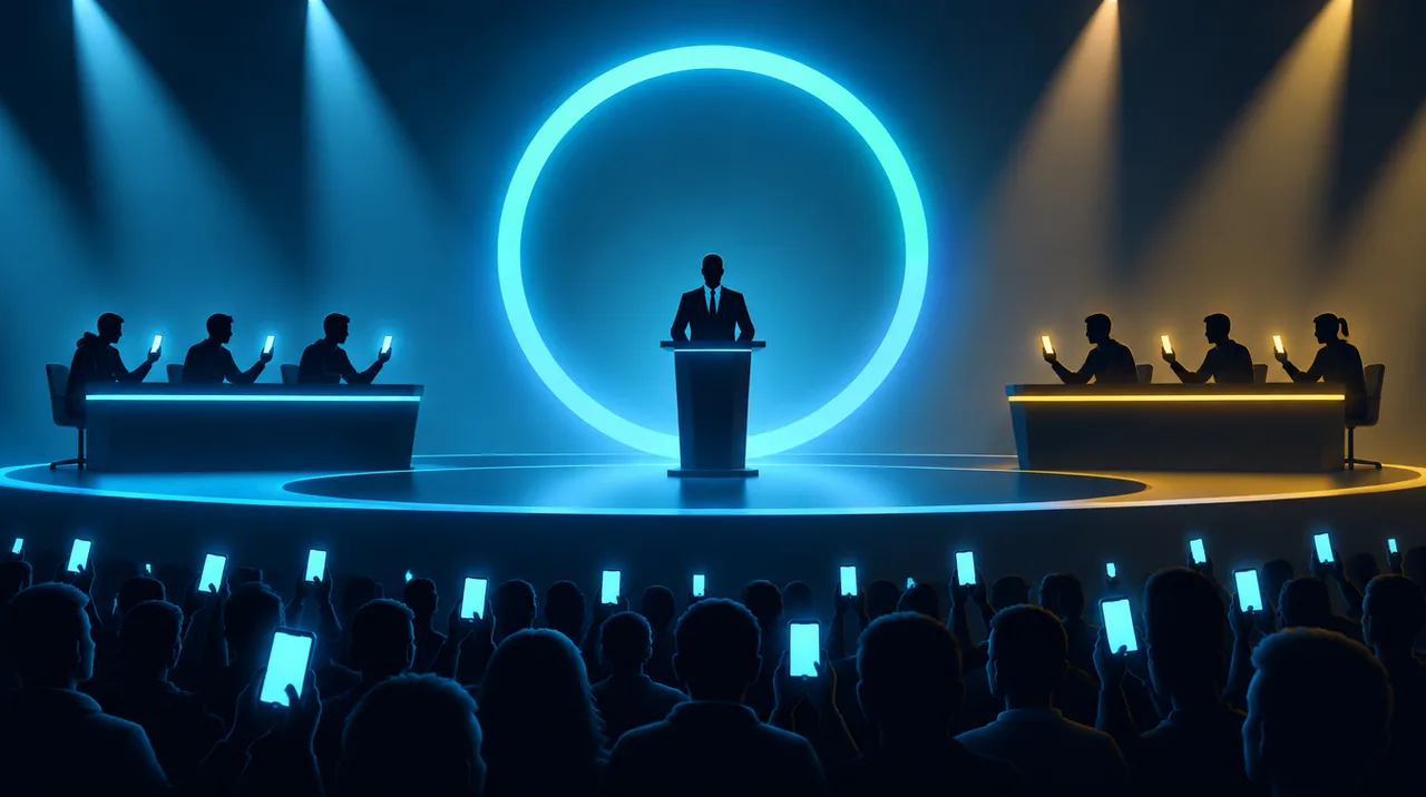 Run a Game Show on TikTok LIVE: a host at a podium under a ring of light, with two teams of players and an audience holding phones