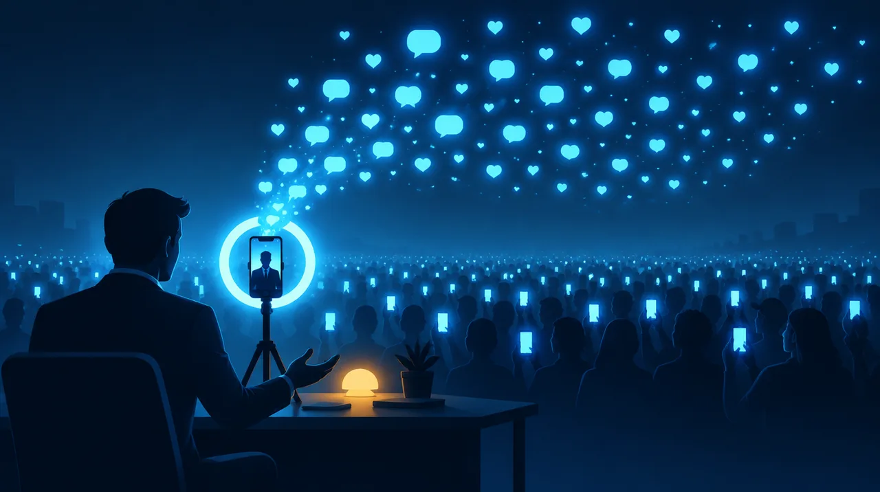 Grow on TikTok LIVE: a creator at a desk going LIVE from a phone in a ring light, hearts and comments rising from a crowd of viewers holding phones