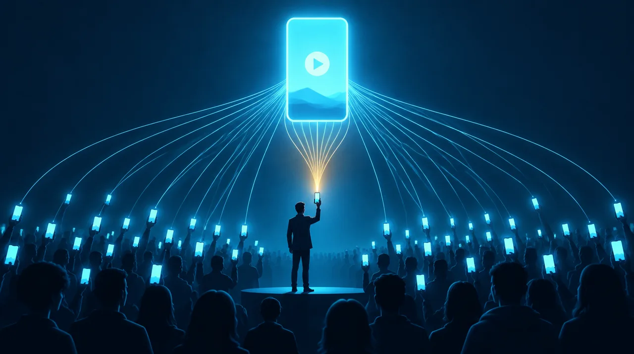 Posting Style and Basic AI Editing: a creator holding up a phone that sends one glowing video out to a crowd of viewers holding phones