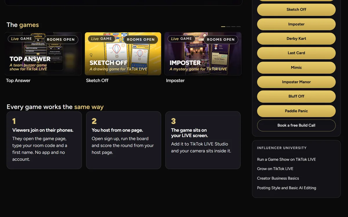 The Game Center in the portal: the games row with Top Answer, Sketch Off and Imposter, how every game works in three steps, and every game listed beside it