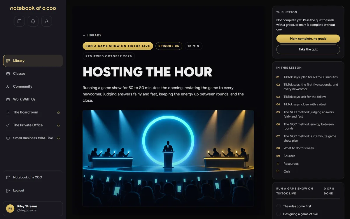 A lesson open in the portal: Hosting the Hour from Run a Game Show on TikTok LIVE, with its contents beside it