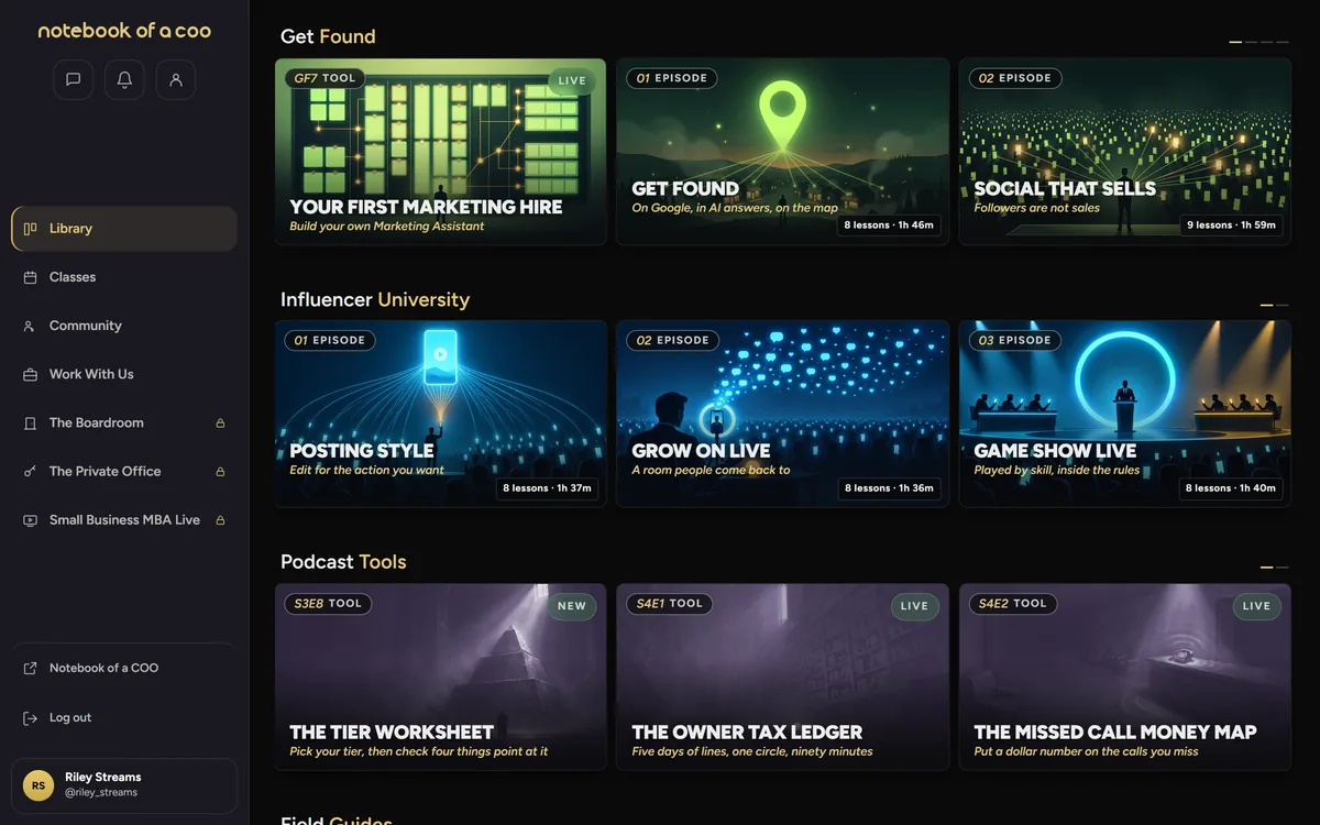 The member Library with the Influencer University row: Posting Style, Grow on LIVE and Game Show LIVE, eight lessons each