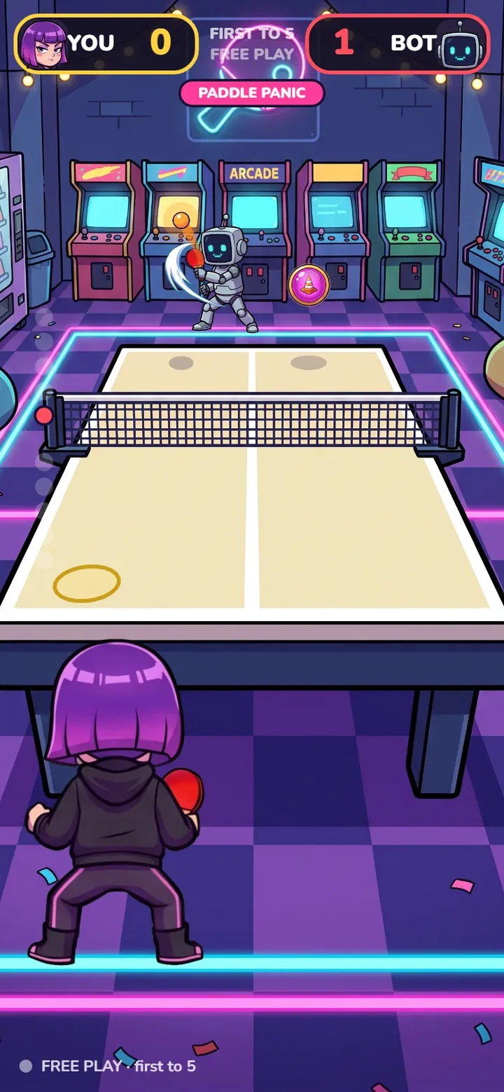 Paddle Panic on a phone: your player at the near end of the table in a painted arcade, the bot at the far end, a power up on the table