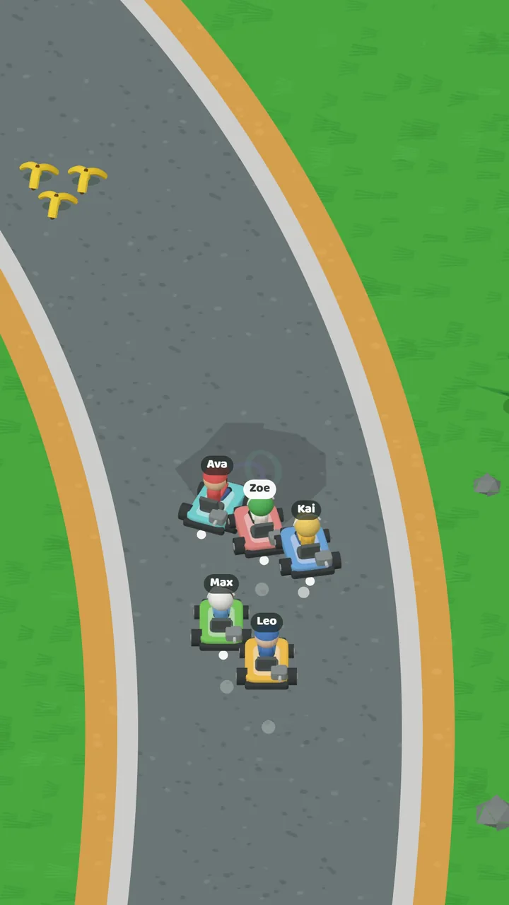 The Derby Kart LIVE screen mid race: five cartoon karts bunched up in an oil slick, with banana peels on the road ahead