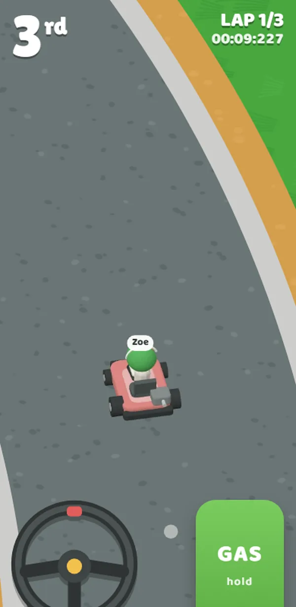 A player's phone mid race: their place, the steering wheel and the GAS button
