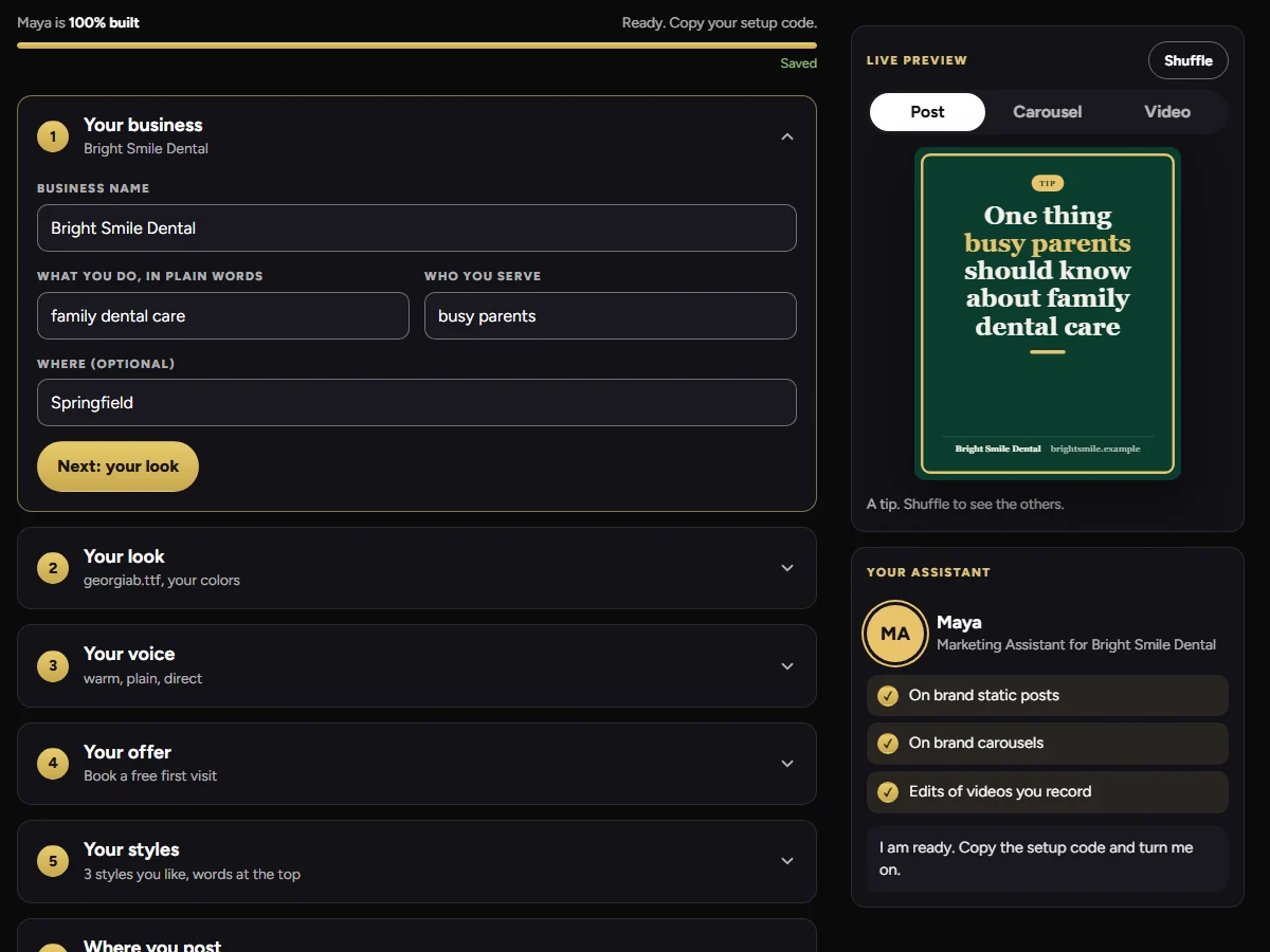 Your First Marketing Hire in the Small Business MBA portal: the seven questions on the left, and on the right a live preview of a post and the assistant an example business has built