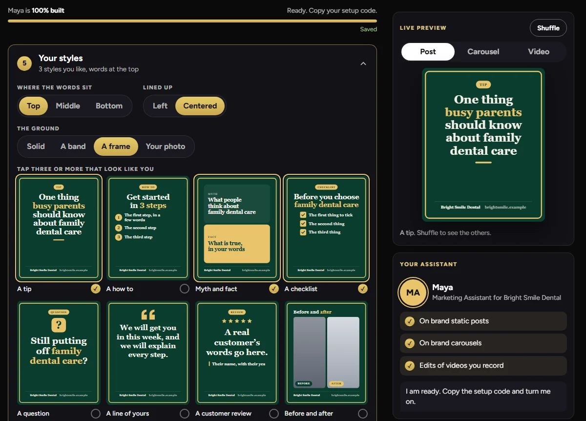 Your First Marketing Hire in the Small Business MBA portal: post layouts drawn in an example business's own green and gold, with a tip, a how to, a myth and fact and a checklist, beside the live preview