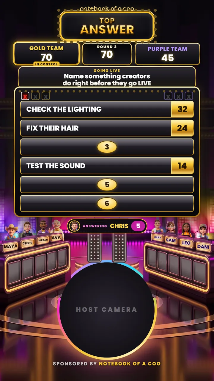 The Top Answer LIVE screen in the middle of a round: two teams and their scores, the question, the answer board, each player's character on the team stands and the circle where the host camera sits