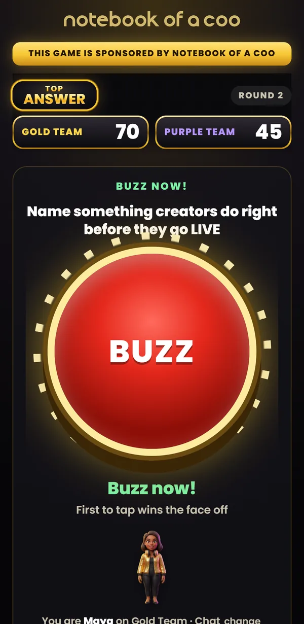 A player's phone during a face off: the question and a big red buzzer, with the player's name and team
