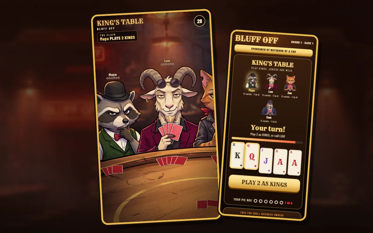 Bluff Off: the LIVE screen with cartoon players at a smoky bar and the claim on the table, and a player phone with two cards picked