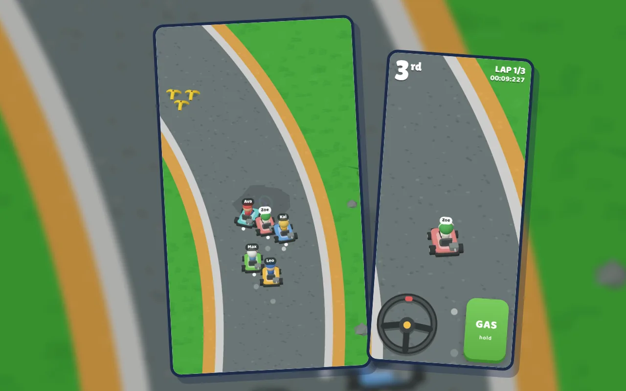 Derby Kart: the LIVE screen with cartoon karts racing through an oil slick, and a player phone with the steering wheel and GAS