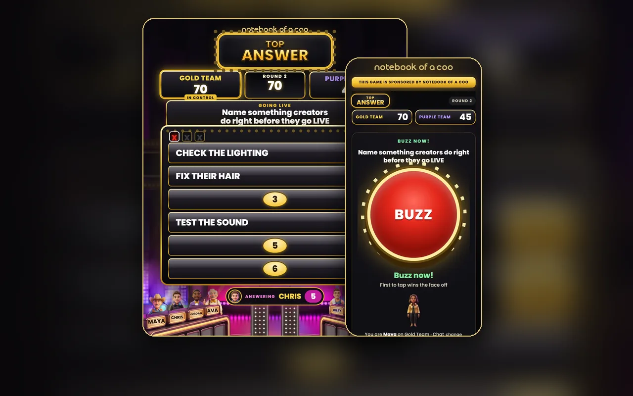 Top Answer: the LIVE screen with two teams, the question and the answer board, and a player's phone with a big red buzzer