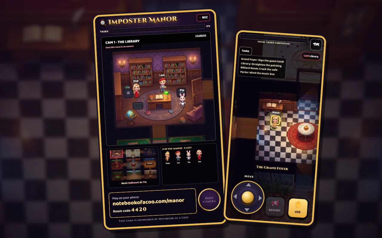 Imposter Manor: the LIVE screen with the house camera on a painted room and the players, and a player phone with the joystick