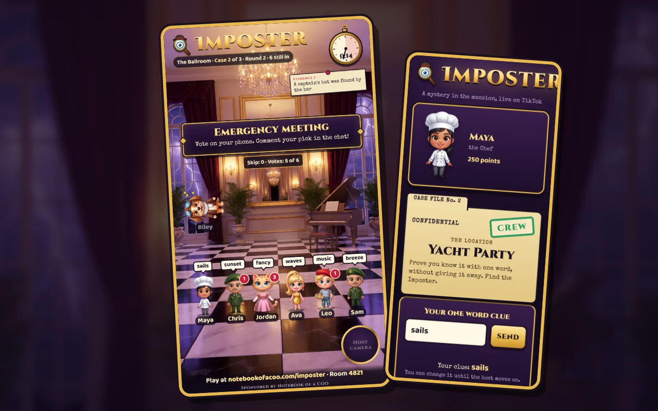 Imposter: the LIVE screen with cartoon characters lined up in a mansion ballroom with their clues, and a player case file on the phone