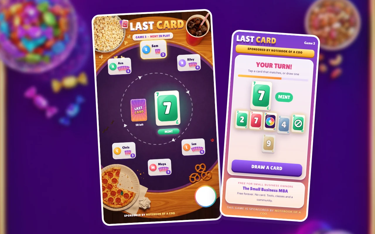 Last Card: the LIVE screen on a game night table with the pile, the deck and the players seats, and a player phone with their hand
