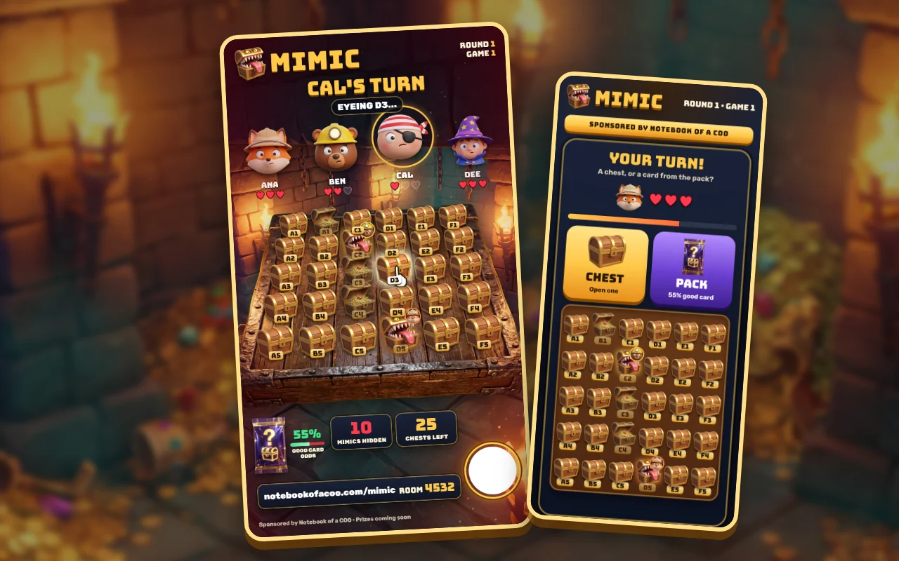 Mimic: the LIVE screen with the vault table of treasure chests and the players hearts, and a player phone choosing Chest or Pack