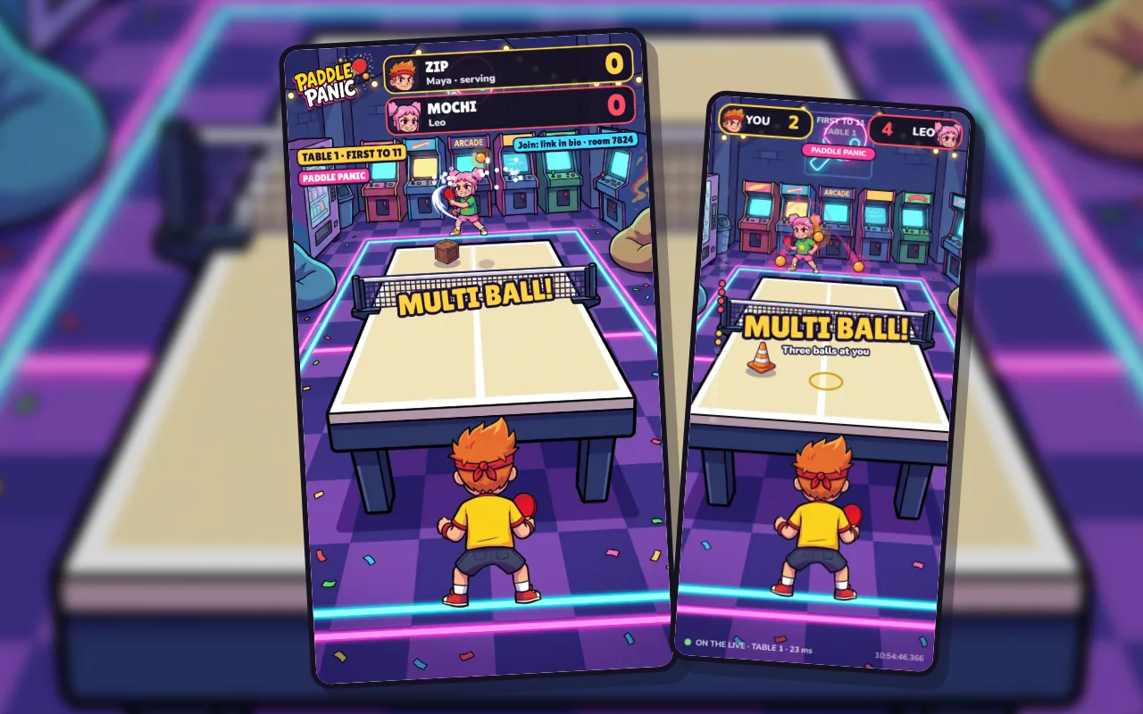 Paddle Panic: the LIVE screen with a match in a painted arcade and three balls flying, and a player phone from their end of the table