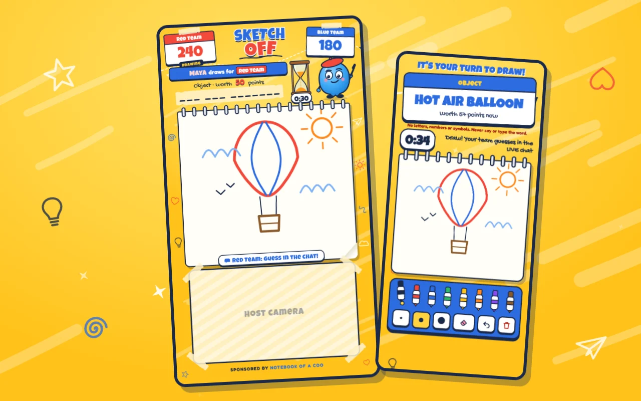 Sketch Off: the LIVE screen with a hot air balloon taking shape in the sketchbook, and the artist's phone with the secret word and the markers