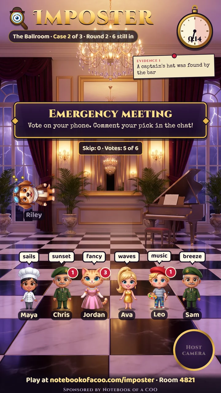 The Imposter LIVE screen during a vote: cartoon characters lined up in a mansion ballroom with their one word clues over their heads, vote counts, the pocket watch clock and the host camera circle in the corner