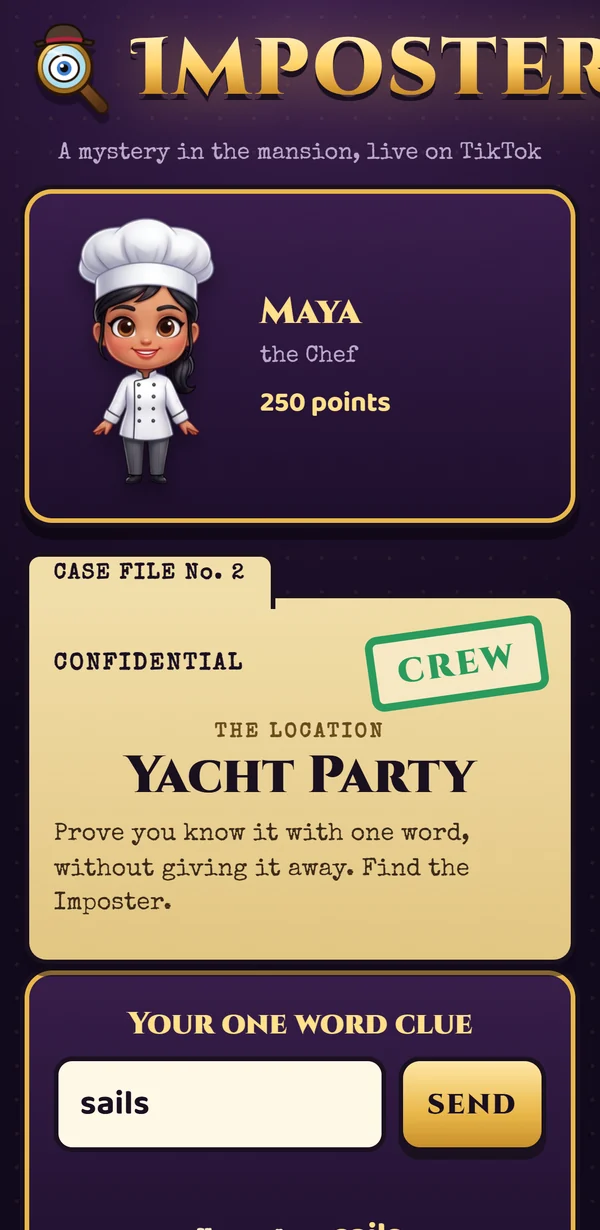 A player's phone: their cartoon character, the case file stamped CREW with the secret location, and the one word clue box