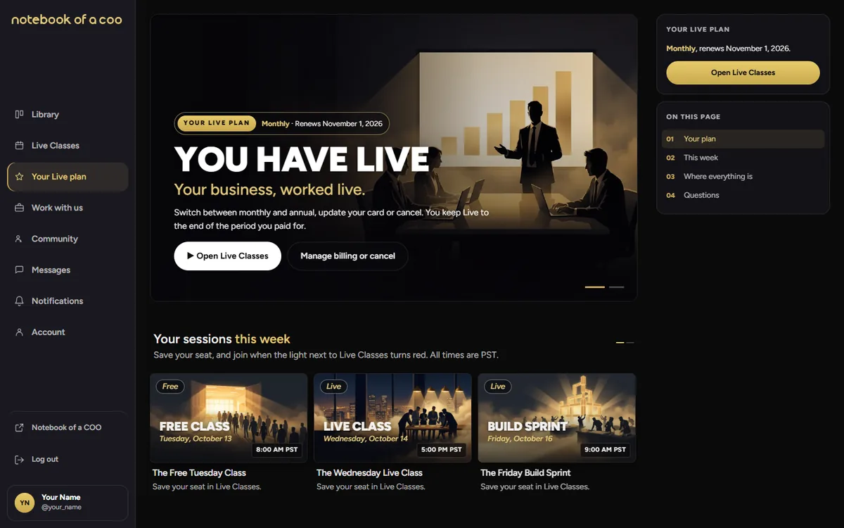 Small Business MBA Live from Notebook of a COO: the Your Live plan page a member sees, with the plan, the next Live session and the week