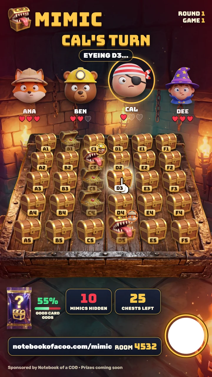 The Mimic LIVE screen: a torch lit vault table with 30 treasure chests labelled A1 to F5, four players with their hearts, a mimic biting out of an open chest, and the host camera circle in the corner
