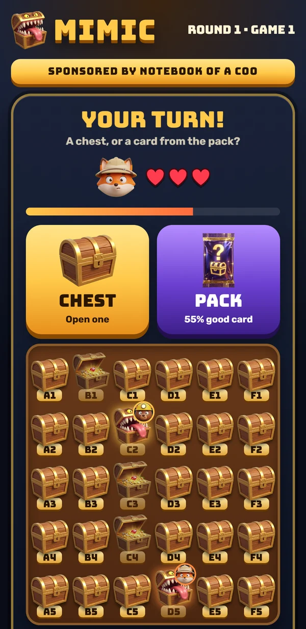 A player's phone on their turn: Chest or Pack, the pack's odds of a good card, and the board of chests