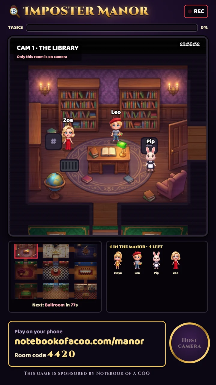 The Imposter Manor LIVE screen: the house camera on a painted room of the mansion with the players in it, the plan of the house showing which room is on camera, the players, and the host camera circle in the corner