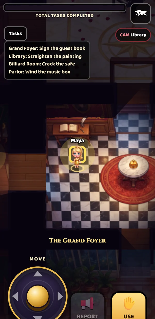 A player's phone: their character in a painted room, their task list, the joystick and the Use and Report buttons