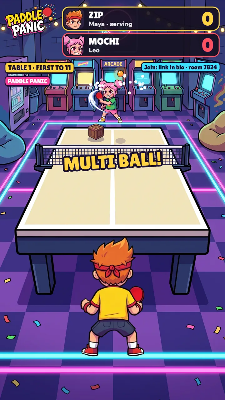 The Paddle Panic LIVE screen: a painted arcade with a table tennis table, ZIP seen from behind and MOCHI across the table, the scoreboard with Maya and Leo, and MULTI BALL as three balls fly