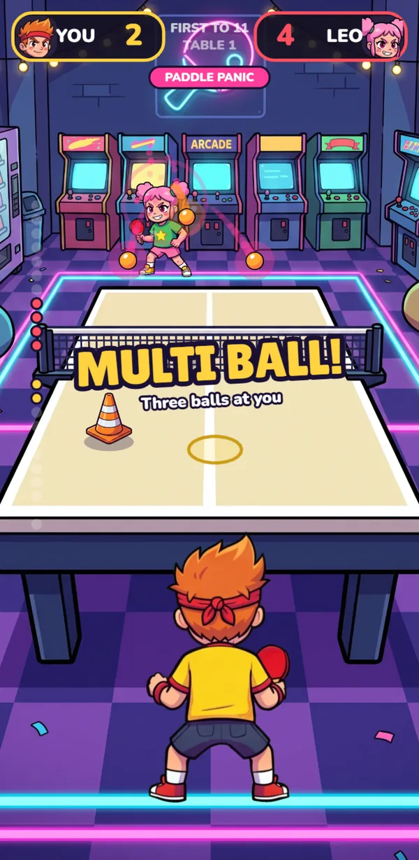 A player's phone in a match: the arcade from their end of the table, their character from behind, and three balls coming in a multi ball