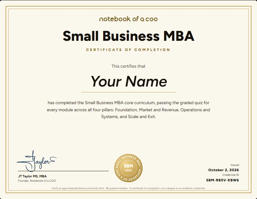 The Small Business MBA from Notebook of a COO: the Certificate of Completion a member earns on graded work, with its credential ID