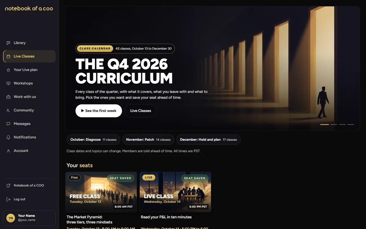 The Small Business MBA from Notebook of a COO: the first screen of the class calendar in the member portal, with the Q4 2026 curriculum, its three months and the seats this member has saved