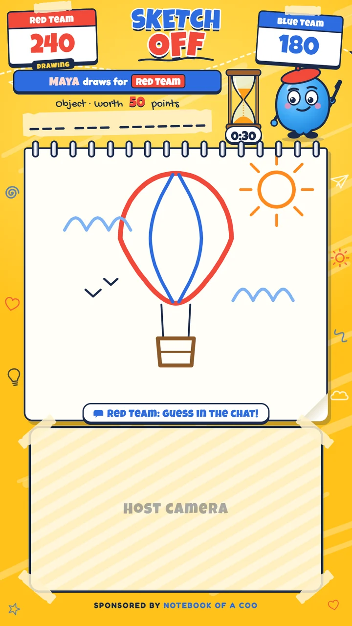 The Sketch Off LIVE screen in the middle of a drawing: the two teams, the sand timer, Blot the artist, the word's blanks and a hot air balloon taking shape in the sketchbook, above the window where the host camera sits