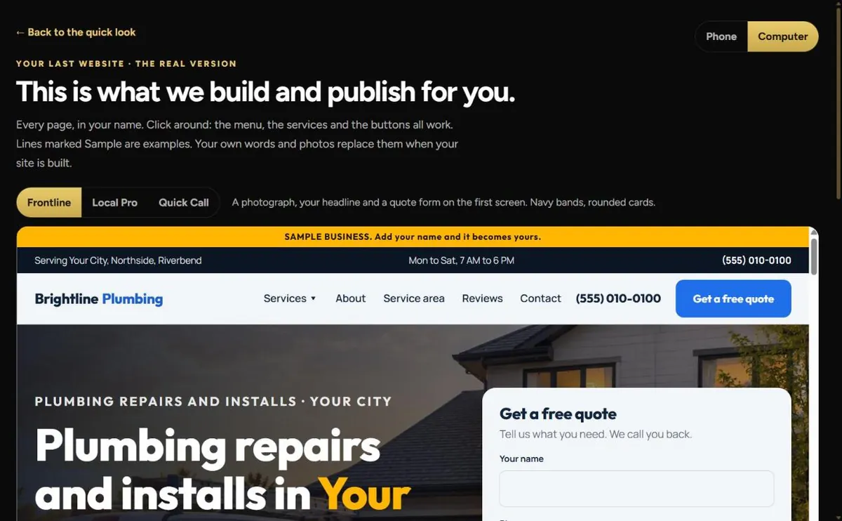 Your Last Website in the Small Business MBA portal: the real version of a home services site, with the member's own business name, city and services on the page