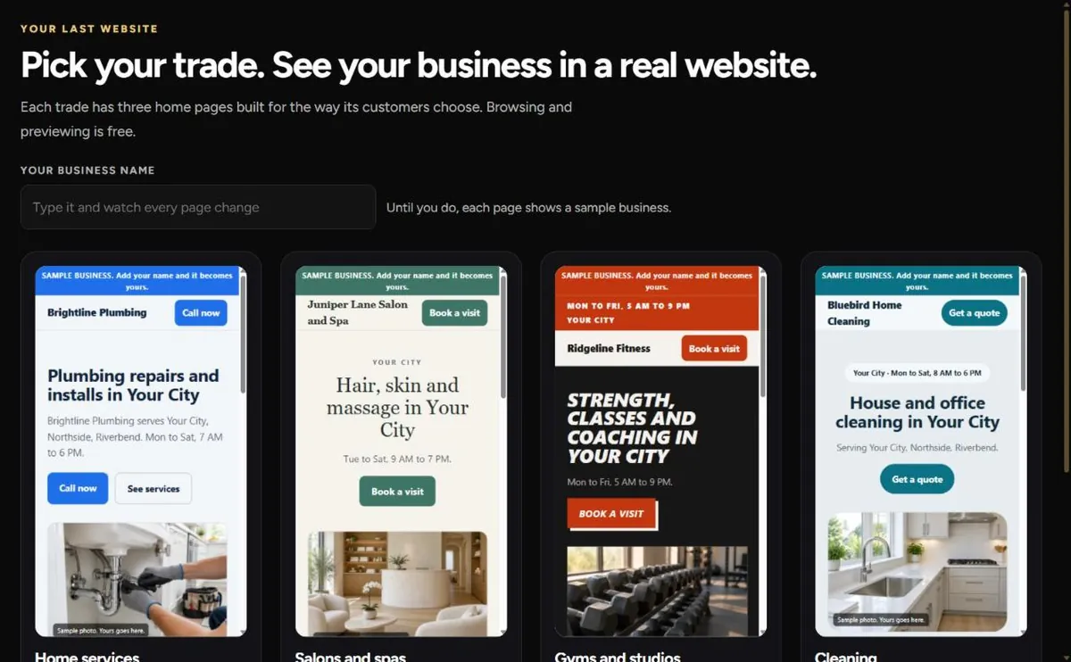 Your Last Website in the Small Business MBA portal: the showroom, four trades to pick from, each with three styles