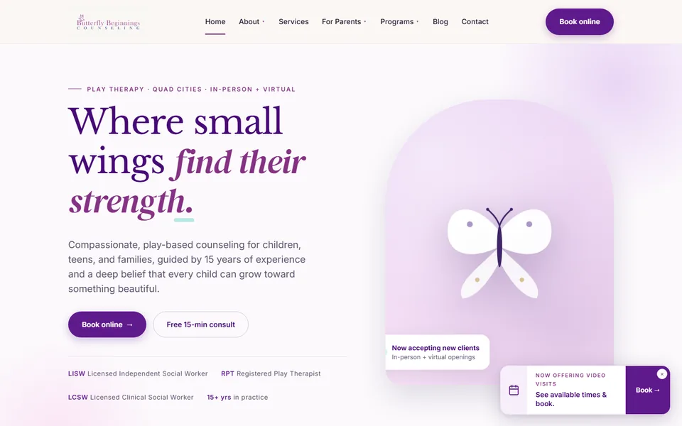 The home page of Butterfly Beginnings Counseling