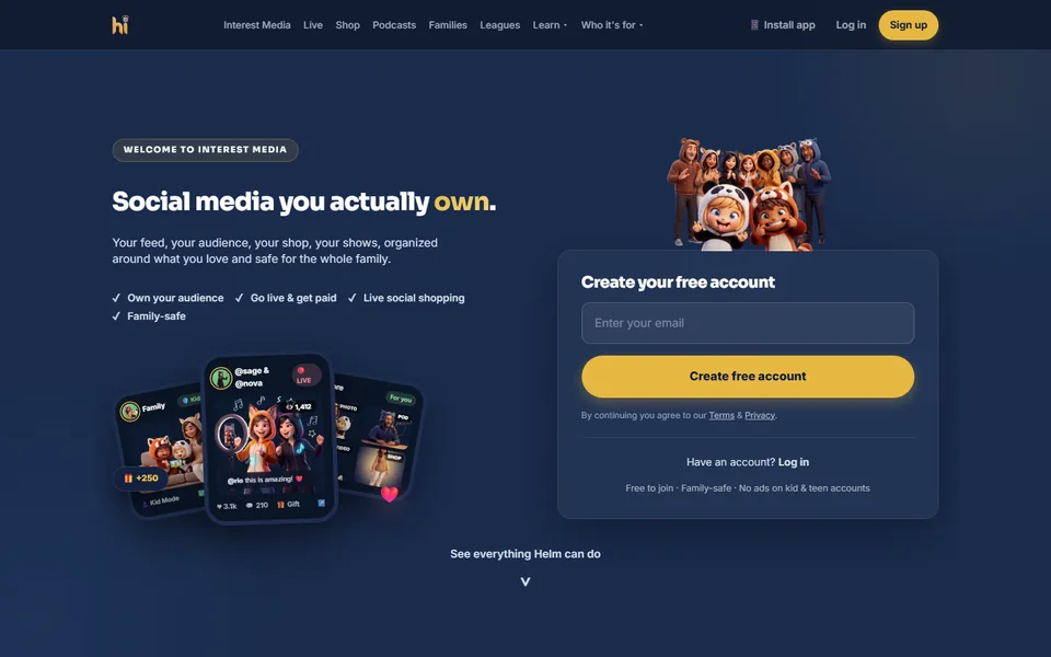 The home page of Helm Social