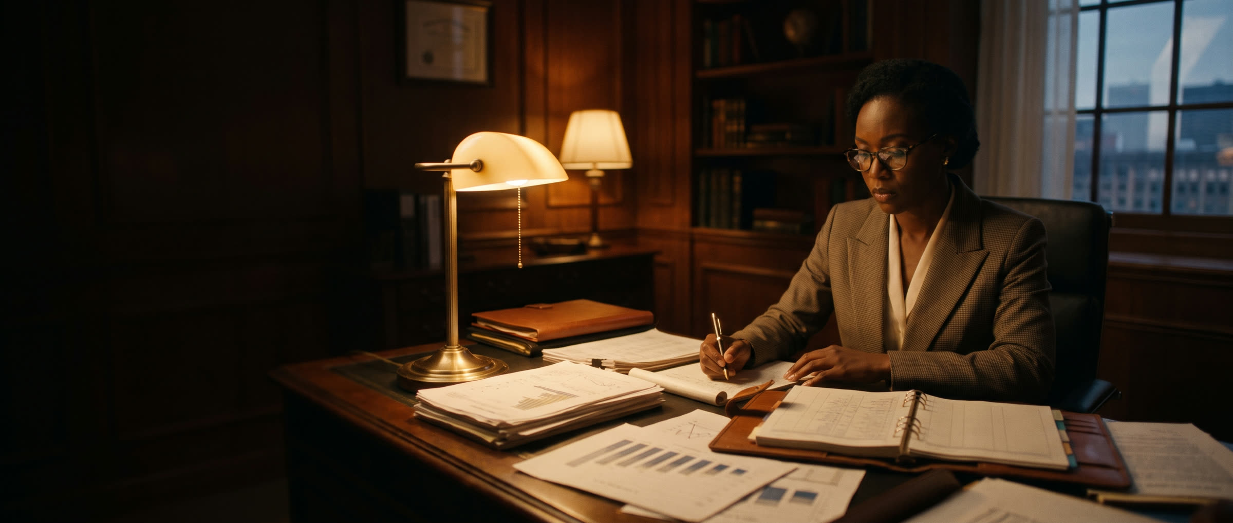 The free Operator Assessment from Notebook of a COO: an owner in glasses writing in a notebook at a desk covered in reports under a brass lamp