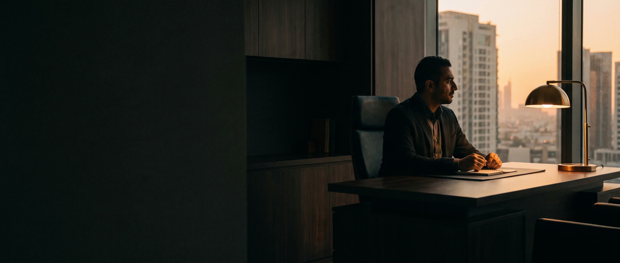 Small Business MBA questions and answers from Notebook of a COO: an owner at his desk in a dark office, looking out at the city skyline at sunset