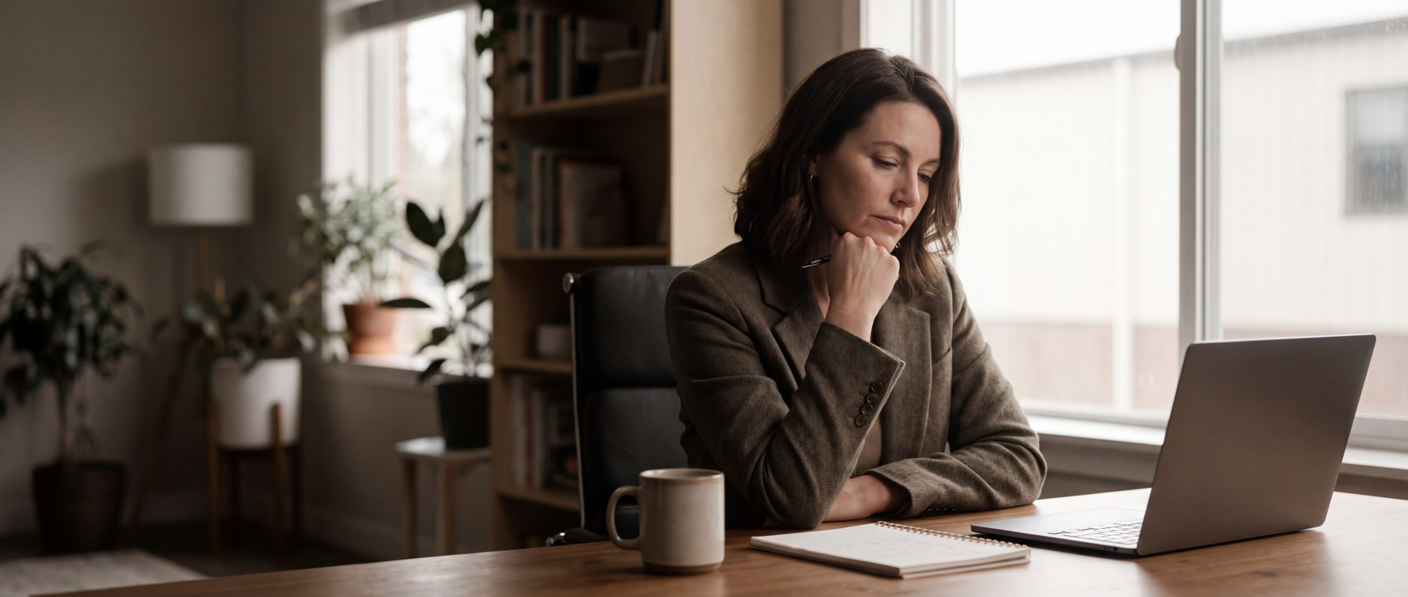 Your First Marketing Hire from Notebook of a COO: a business owner in a blazer sits at her desk in a bright office, chin on her hand, thinking in front of an open laptop