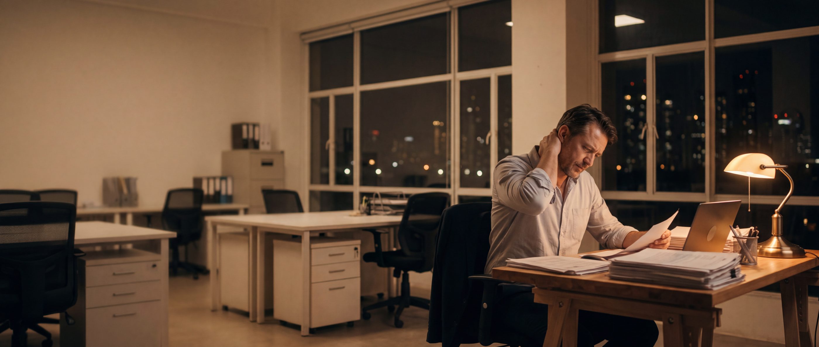 A business owner working alone late at night among empty desks
