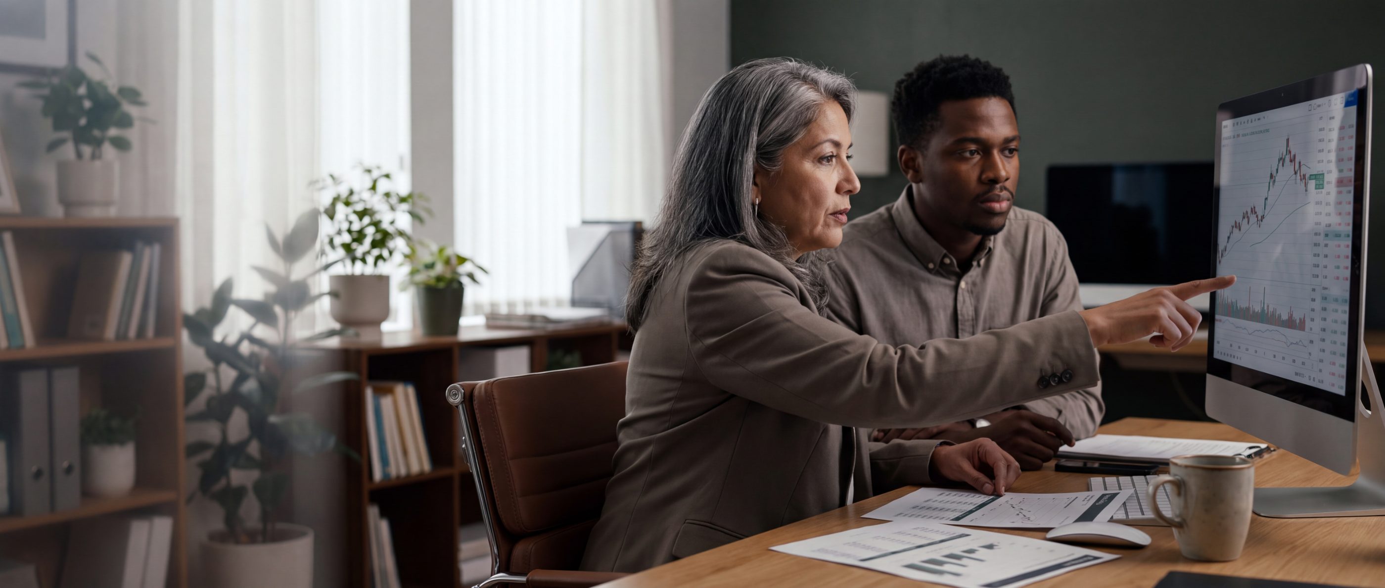 The National Board of Operations Professionals, from Notebook of a COO: an advisor with gray hair pointing at charts on a monitor while a young owner beside her studies the numbers