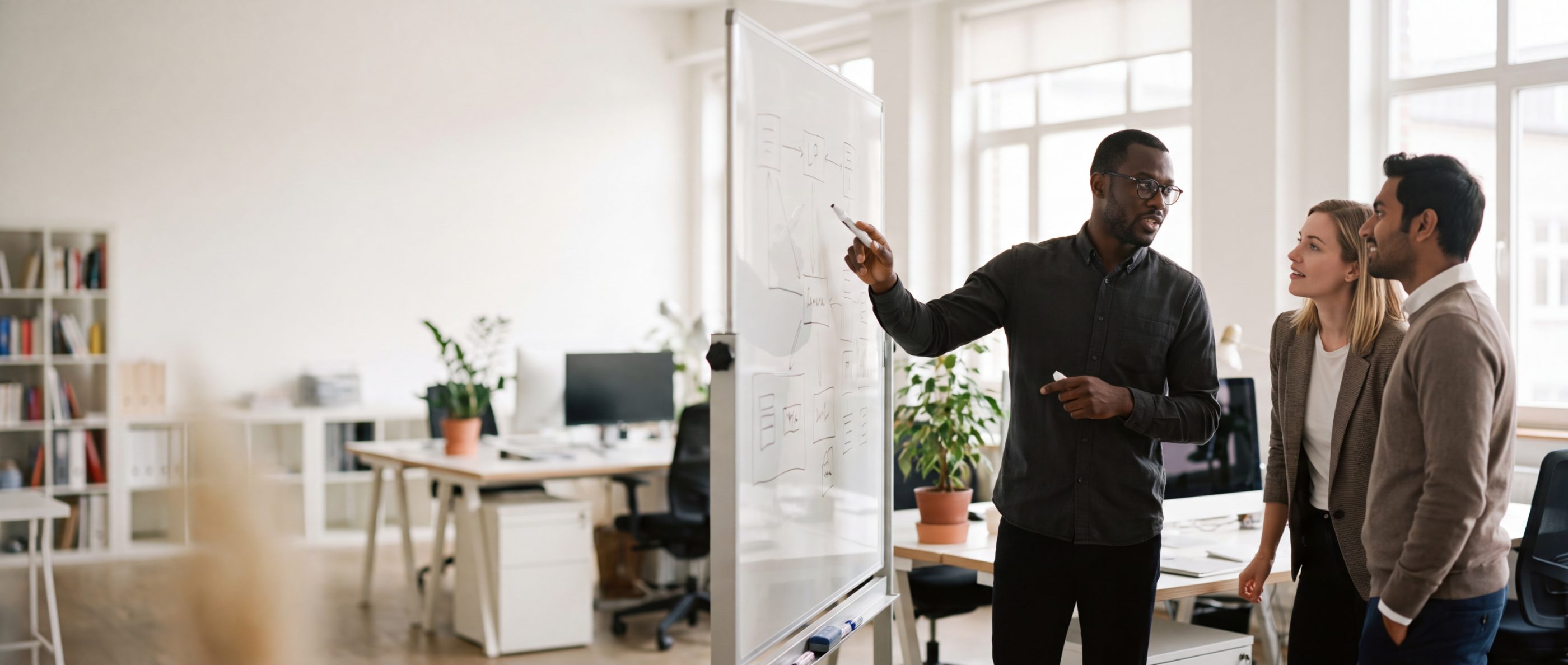 What Notebook of a COO is, the business operations education platform: a manager explaining a plan on a whiteboard to two colleagues in a bright office