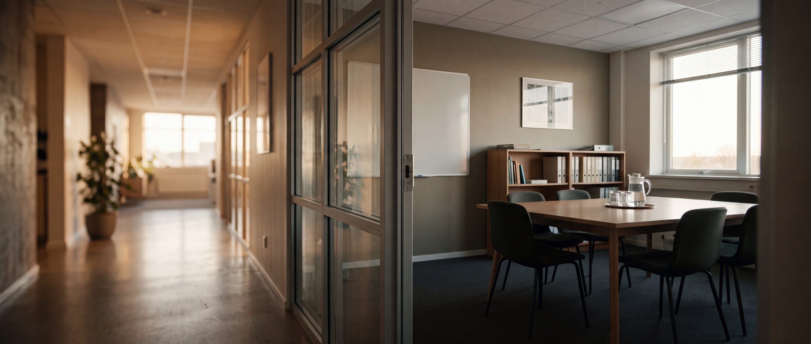 Notebook of a COO: an empty meeting room with a table and chairs off a quiet office hallway
